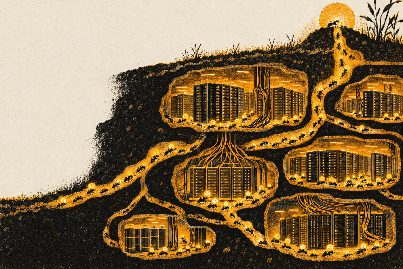 Illustration: an ant colony whose tunnels hold glowing server racks
